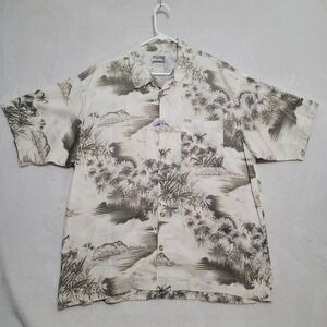 Quiksilver Shirt Mens Extra Large Beige Tan Palm Tree Hawaiian Button Up Aloha